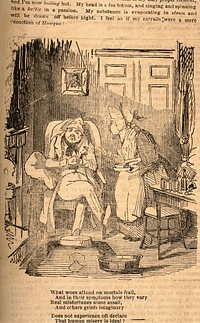 A hypochondriac at home with his anxious nurse. Wood engraving.