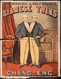 Chang and Eng, the Siamese twins, in evening dress. Colour wood engraving by H.S. Miller.