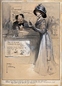 A fashionable young lady asking a pharmacist about the durability of the cosmetics he sells. Coloured pencil drawing by L. Wood, 1909.