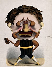The figure of a man with extra large head made up from cigars, pipes, tobacco leaves, etc. Coloured lithograph by T. Worth, c. 1880.