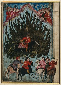 The fire ordeal of Prince Siyavash. Gouache painting by a Persian artist, ca. 1800 .