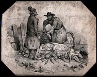 Two fisherman are standing on a beach with their catch including skate and lobster. Lithograph.