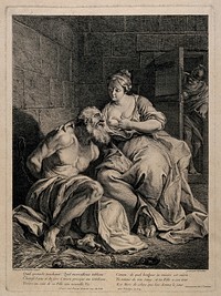 Pero breast-feeding her father Cimon in prison. Line engraving by J.P. le Bas after N.N. Coypel.