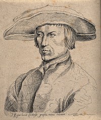 A man, head and shoulders, designated as Lucas van Leyden. Pen and ink drawing after Albrecht Dürer.