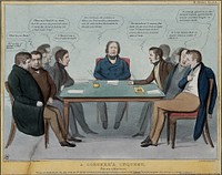 A group of politicians debate at a coroner's inquest whether Lord Melbourne's temporary resignation was equivalent to murder or to suicide. Coloured lithograph by H.B. (John Doyle), 1839.