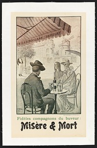 A man drinking in a tavern in the company of figures representing poverty and death induced by alcohol. Colour lithograph by J.-J. Waltz (Hansi), 1905.