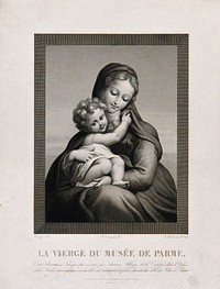 Saint Mary (the Blessed Virgin) with the Christ Child. Line engraving by J.M. Leroux, 1837, after B. Desnoyers after A. Allegri, il Correggio.