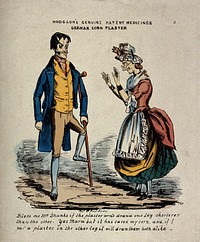 A man wearing a 'german corn plaster', which has caused his leg to shrink. Coloured reproduction of an etching.
