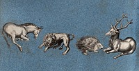 A horse, a lion, a hedghog and a stag. Cut-out engraving pasted onto paper, 16--.