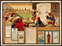 A professor teaching pharmacy to students in mid-16th century Paris; representing a calendar advertising products of the Pharmacie Centrale de France. Colour lithograph, after 1889.