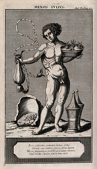 A naked man wearing grains in his hair is holding a bowl with grapes in his left and an empty sack in his right, he is surrounded by a money-filled cave and two vessels; representing the month July. Engraving.