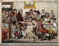 Edward Jenner vaccinating patients in the Smallpox and Inoculation Hospital at St. Pancras: the patients develop features of cows. Coloured etching, 1803, after J. Gillray, 1802.