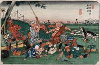 Seven blind masseurs fighting: a scene at Iwamurata. Coloured woodcut by Eisen and Hiroshige, 1839 .
