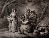 A Romany fortune-teller is reading the palm of a young woman suffering unrequited love; two other Romany women are leaning over a fence and children are sitting around a fire. Etching by P.W. Tomkins after H.W. Bunbury, 1791.