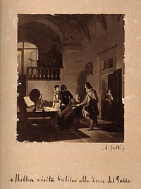 Galileo Galilei receiving a visit from John Milton at the Torre del Gallo. Photograph after a painting by A. Gatti.