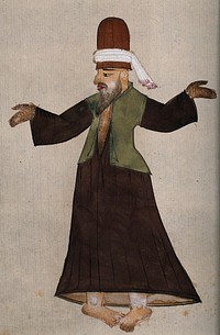 A Mevlevi, or whirling dervish, performing a ritual mystic dance. Drawing, ca. 1850 .