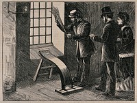 Middlesex House of Correction: a man is holding a birch in his hand as he stands over a shaped wooden plank set near a window for flogging boys; a man and a woman look on. Wood engraving after M. Fitzgerald, 1874..