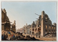 Messina: ruins of the city after an earthquake. Coloured aquatint, 1809, after L. Mayer.