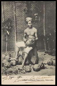 A young Indonesian man cutting up coconuts. Process print, ca. 1906.