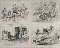 Horseback, sledge, sleigh and a hammock used as modes of transport in Madeira. Wood engraving, 1879.