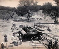 Menufia Canal, Egypt: reconstruction work to the first Aswan Dam: a metal lock gate on a trolley. Photograph by F. Fiorillo, 1910.