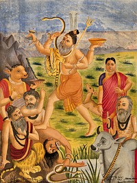 Shiva trampling on animal sages accompanied by deer, during Daksha's sacrifice, Parvati stands to one side. Chromolithograph.