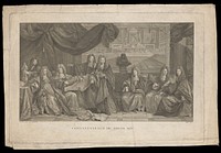 The aldermen of Paris reviewing plans for a statue of King Louis XIV; behind, seen in a mirror, the banquet held in 1687 to celebrate the recovery of the king from illness. Line engraving by P. Chenu after C.N. Cochin after N. de Largillière.