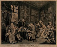 A nobleman and an alderman sit at a table neggotiating a marriage settlement between the son of the former and the daughter of the latter. Engraving by Louis Gérard Scotin after William Hogarth, 1745.