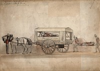 A horse-drawn military ambulance, c. 1850, with one patient being carried on a stretcher. Coloured pencil drawing.