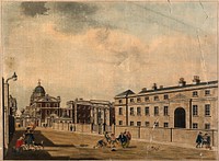Royal Naval Hospital, Greenwich, a distant three-quarter view of the Hall and Chapel, looking east, the Infirmary in the foreground left. Coloured drawing by C. White, 1786.