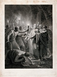 Jesus is arrested in the night in the garden of Gethsemane. Engraving by A. Reindel after H. Füger.