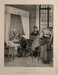 René Théophile Hyacinthe Laënnec auscultating a tubercular patient at the Necker Hospital, Paris, 1816. Heliogravure after a painting by T. Chartran.