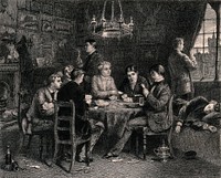 A group of men are sitting around a table, playing cards and smoking, there are empty bottles lying around on the floor and one man has fallen asleep. Etching by S.J. Ferries after Wm. P. Frith.