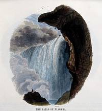 Geography: visitors at Niagara Falls. Coloured wood engraving by C. Whymper.
