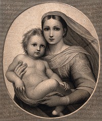 Saint Mary (the Blessed Virgin) with the Christ Child. Engraving by P. Lutz after Raphael.