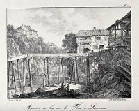 Lausanne, Switzerland: a wooden aqueduct over the river Flon. Lithograph by L. Bacler d'Albe.