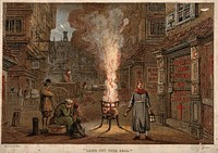 A street during the plague in London with a death cart and mourners. Colour wood engraving by E. Evans.