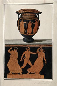 Above, red-figured Greek wine bowl (column krater); below, detail of the decoration showing two women and a satyr. Watercolour by A. Dahlsteen, 176- .