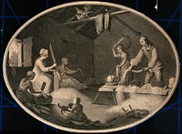 Four women with knives and wooden paddles are cutting and beating the wool and a man is putting it through a combing device. Stipple engraving.
