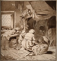 Two women tending a child in a messy domestic interior. Aquatint after C. Bega, 1654.