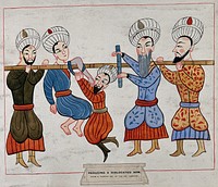 Four Turkish men are reducing a man's dislocated shoulder. Painting, ca. 1900.