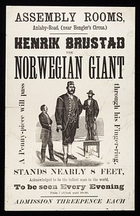 Henrik Brustad the Norwegian giant : a penny-piece will pass through his finger-ring : stands nearly 8 feet, acknowledged to be the tallest man in the world : to be seen every evening ... / Assembly Rooms, Anlaby-Road, (near Hengler's Circus.).