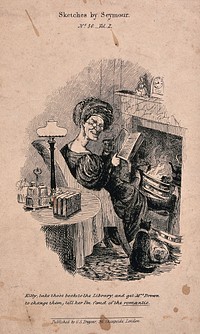 An elderly woman reading a novel by the fire asks her maid to change her library books, with a preference for romantic fiction. Lithograph after R. Seymour.