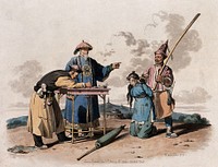 A Chinese woman about to be beaten with a wooden rod as a judicial punishment. Coloured aquatint by W. Alexander, 1804.