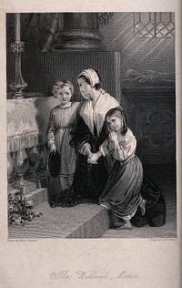 Two young children comfort their mother as she mourns at the tomb of her dead husband. Engraving by F. Bacon after Miss L. Sharpe.