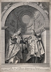 Saint Geminianus and Saint Severus. Etching by A. Zucchi after S. Manaigo after P. Veronese.