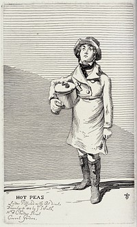 An itinerant salesman selling hot peas from the pot he carries under his right arm. Etching by J.T. Smith, 1815.