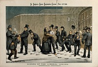 W.E. Gladstone and other Liberal politicians as prisoners being released from prison; relatives and friends waiting for them at the gate. Colour lithograph by Tom Merry, 18 December 1886.