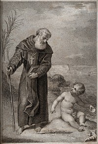 Saint Augustine of Hippo: a child compares its attempt to empty the sea with a spoon with Saint Augustine's attempts understand the Holy Trinity. Stipple engraving.