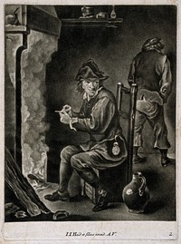 A man sits filling his pipe by the fire, behind a man relieves himself against the wall. Mezzotint by J.J. Haid et filius after D. Teniers, the younger .